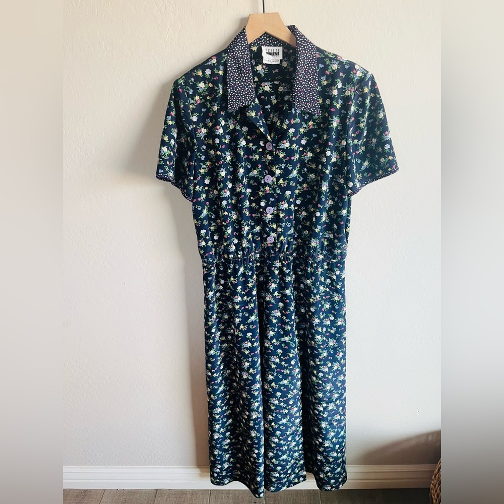 Leslie Fay Vintage Navy Floral Maxi Dress Rayon Size 16 Boho Milkmaid Classic
